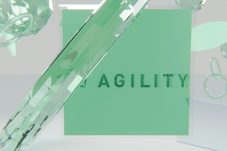 Abstract clear shapes and a green square with agility text